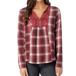 Prana Blouse Womens Red Beige Plaid Long Sleeve Notch Neck 100% Organic Cotton M